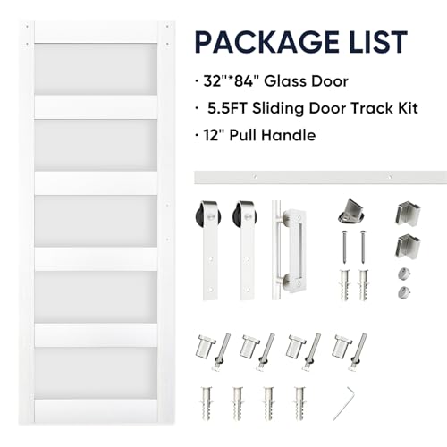 BARNSMITH 42in x 84in Glass Barn Door with 7FT Sliding Door Hardware Kit Included & Handle