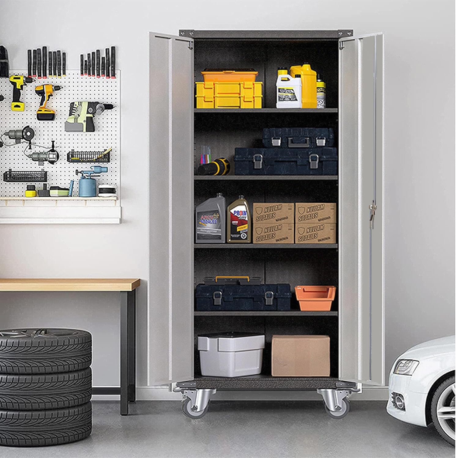 71'' Locking Metal Cabinet with 2 Door and 4 Adjustable Shelves, Lockable Garage Storage Cabinet on Wheels, Rolling Tool Cabinets for Utility Room