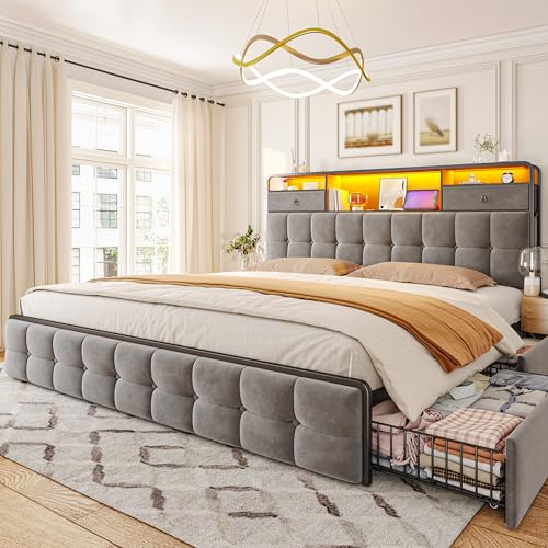 EnHomee King Size Bed Frame with 4 Storage Drawers King Bed Frame with Headboard Built in Charging Station and LED Lights, No Noise