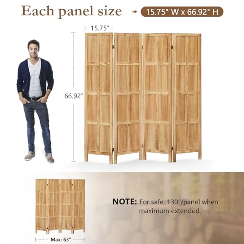 4 Panel Room Divider, 5.6Ft Wood Room Divider and Folding Privacy Screens, Room Divider Wall Freestanding Room Partitions