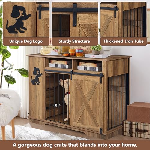 Aoowow Large Double Dog Crate Furniture 72.4" Indoor Dog Kennel with Sliding Barn Door and Divider