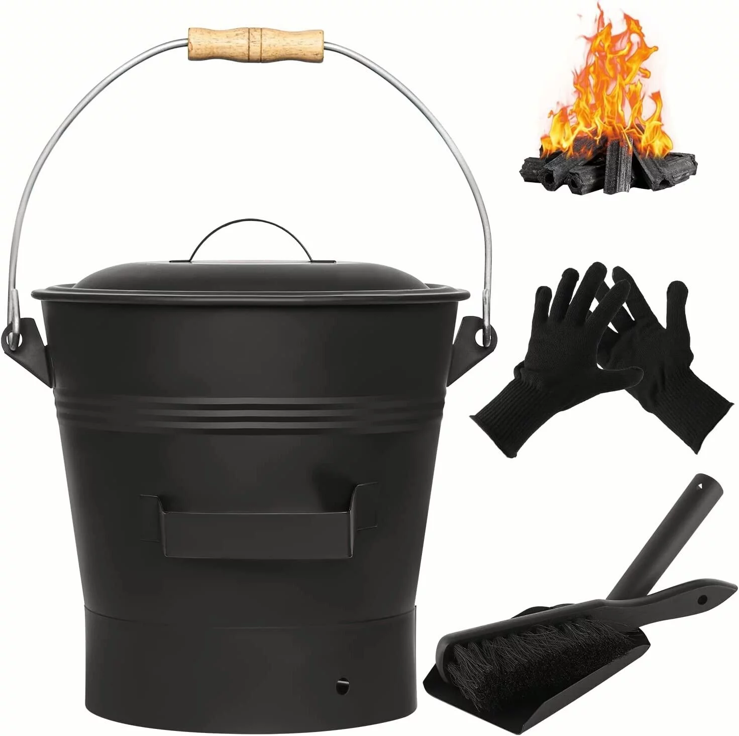 Fireplace Ash Bucket with Lid Shovel, Hand Broom and Gloves, 2.6 Gallon Charcoal - Curated Treasures Market