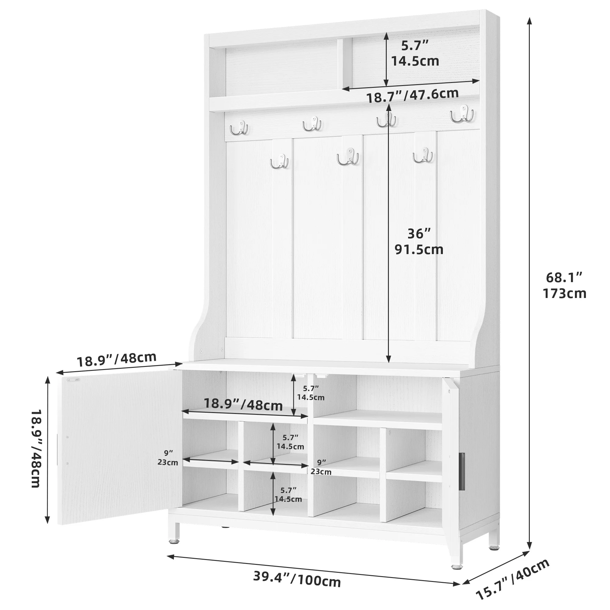 DWVO Hall Tree with Storage Bench, 3-in-1 White Entryway Coat Rack with 14 Hooks, Coat Hanger, Shoe Cabinet for Hallway, Living Room