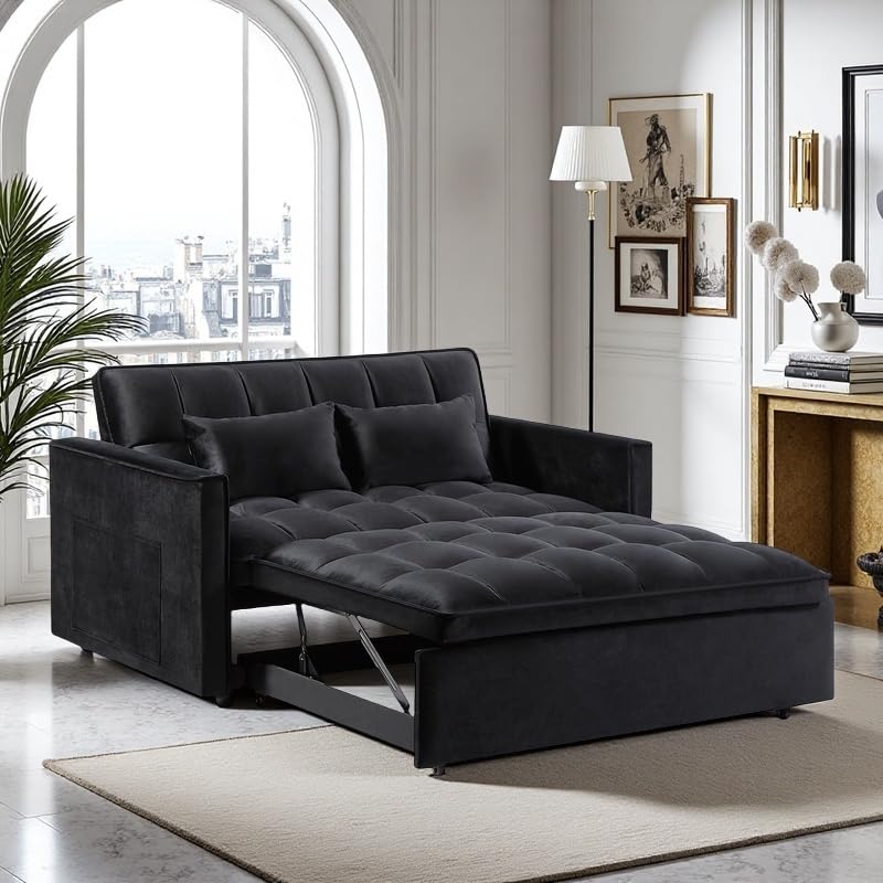 3 in 1 Sleeper Sofa Bed, Futon Sofa Bed for Living Room with Side Pocket, Black Sleepers Sofa Couch with Pullout Bed