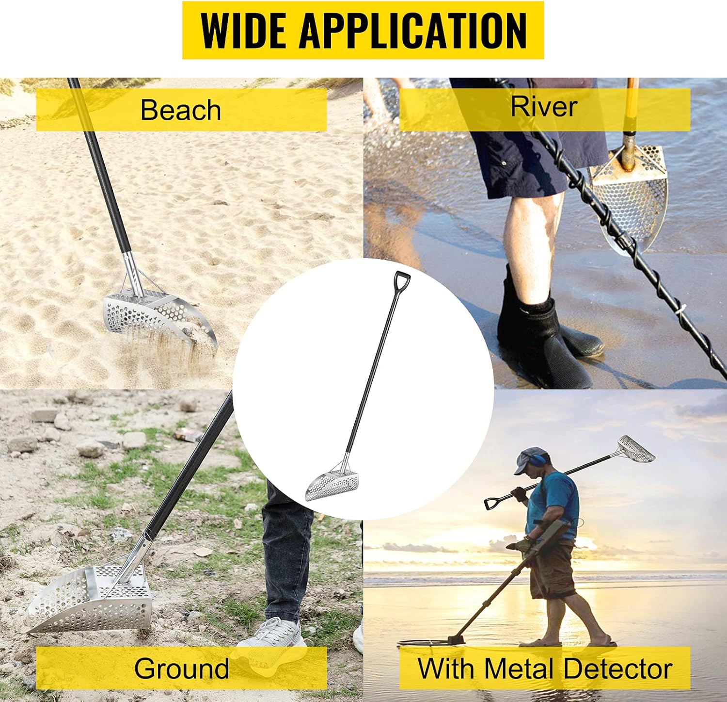 VEVOR Sand 10 MM Hole Detector Shovel Stainless Steel Metal Detecting Beach Scoops, Silver