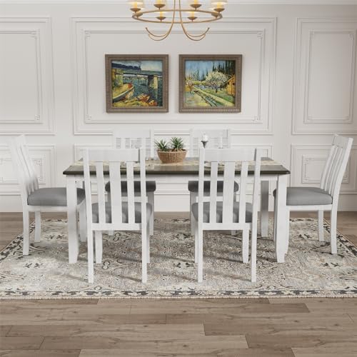 Harper & Bright Designs 7 Pieces Dining Table Set with 6 Upholstered Chairs and Extendable Tabletop, Solid Wood Kitchen Dining Room Table Set