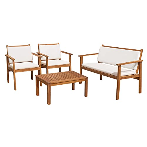 Flamaker Patio Chairs 3 Piece Acacia Wood Patio Furniture with Coffee Table & Cushions Outdoor Conversation Set Balcony Chairs for Porch, Deck