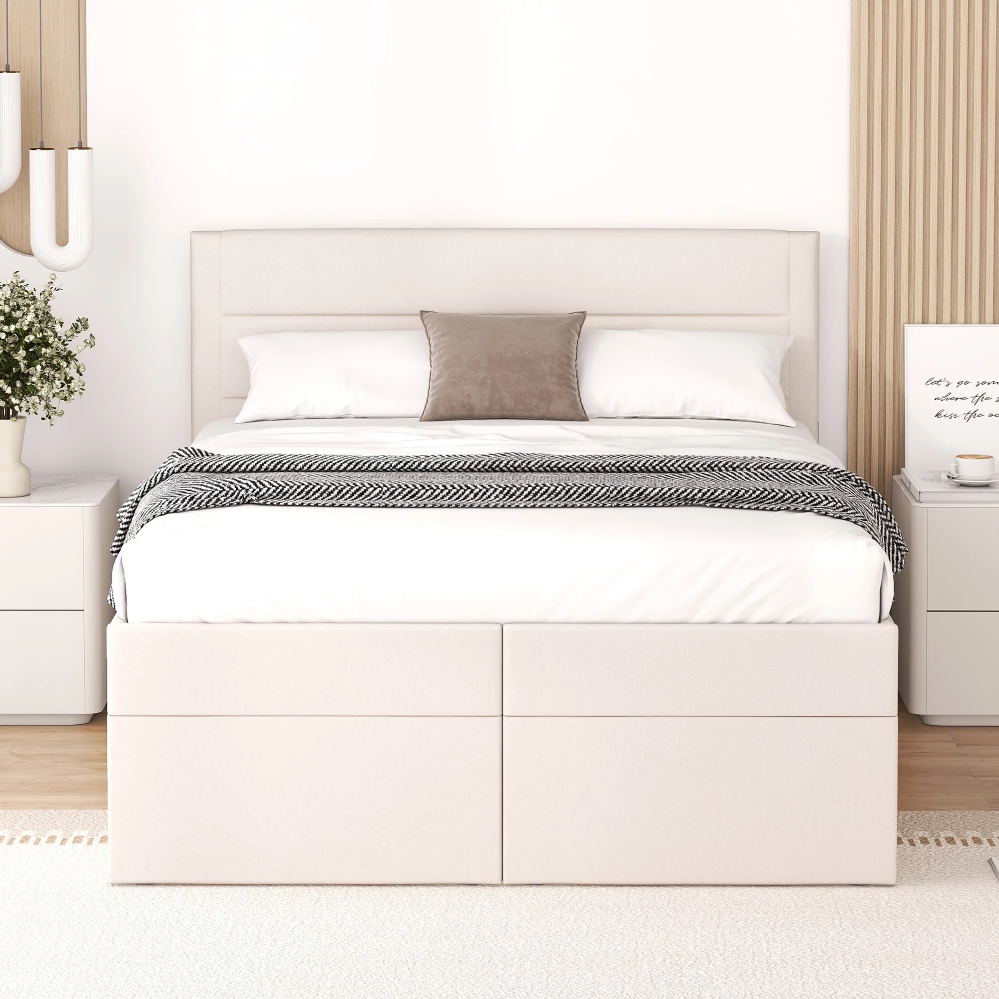 Euroco Full Size Lift-up Upholstery Platform Bed with Storage Underneath for Kids Teens Adults, Easy Open and Close for Storage, Beige