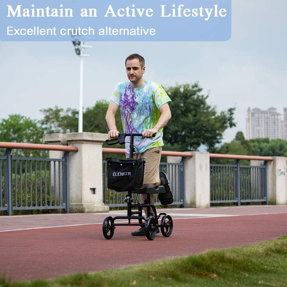 ELENKER Knee Scooter Economy Steerable Knee Walker Ultra Compact & Portable Crutch Alternative with Basket Braking System for Ankle/Foot/Leg Injury