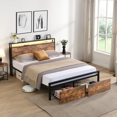 Full Size Bed Frames with 2-tier Shelves Headboard, Storage Drawers & LED Lights, LED Bed Frame w/USB Ports & Outlets