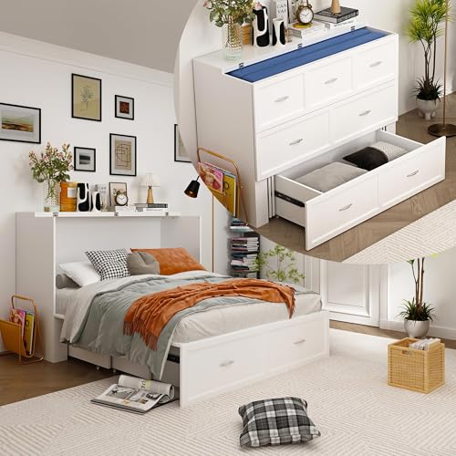 ECACAD Multi-Functional 2-in-1 Murphy Cabinet Bed, Full Size Bed Frame Murphy Bed Chest with Built-in Power Strip & 3 Drawers