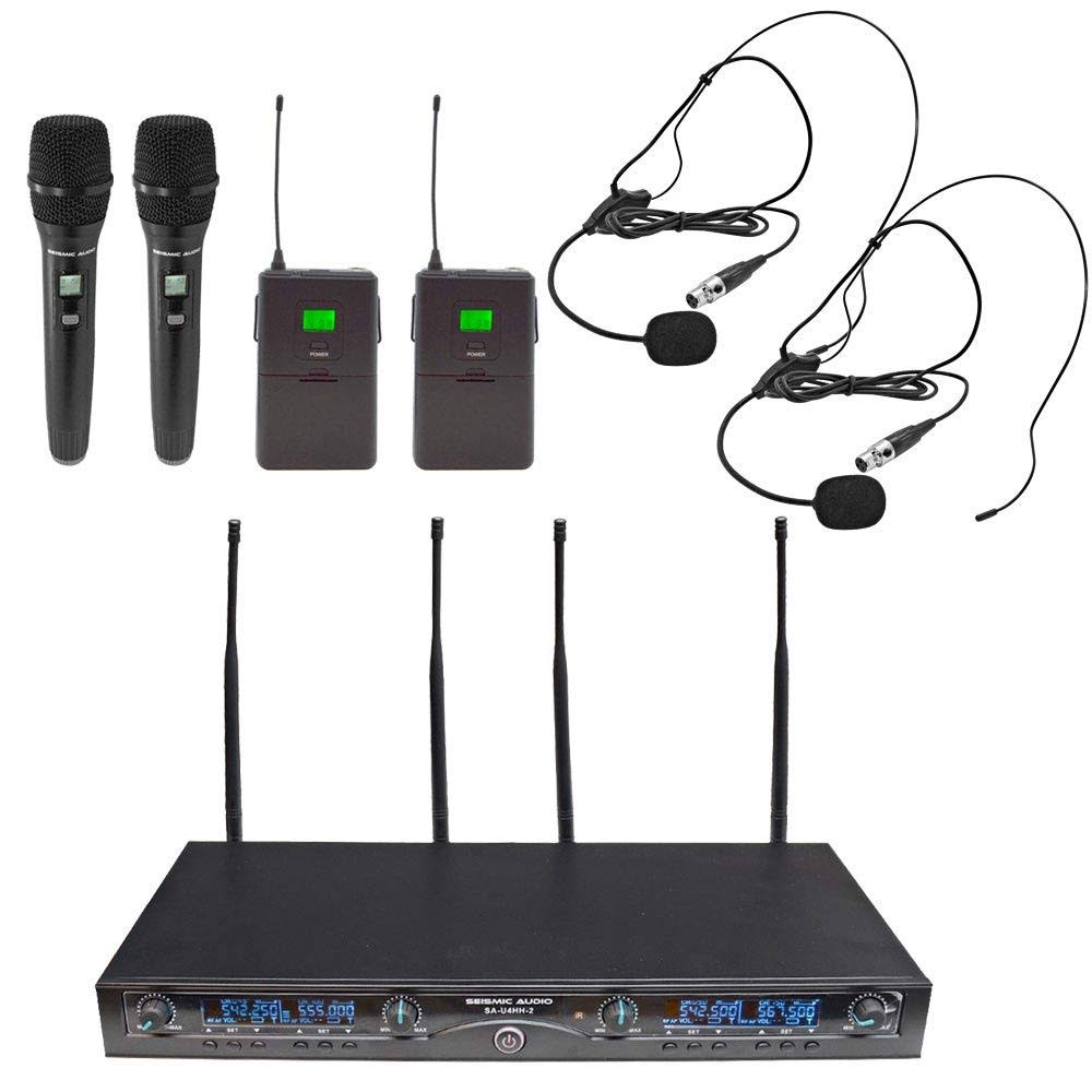 Seismic Audio - SA-U4HHLV5-2 - 4 Channel Professional UHF Wireless Microphone System with 2 Handheld u0026 2 Headset Microphones