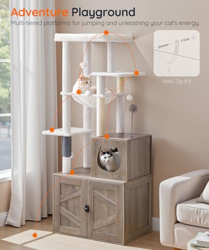 HOOBRO Cat Tree with Litter Box Enclosure, Tall Cat Tower for Indoor Cats, All-in-One Modern Cat Condo, Hidden Litter Box Enclosure Furniture