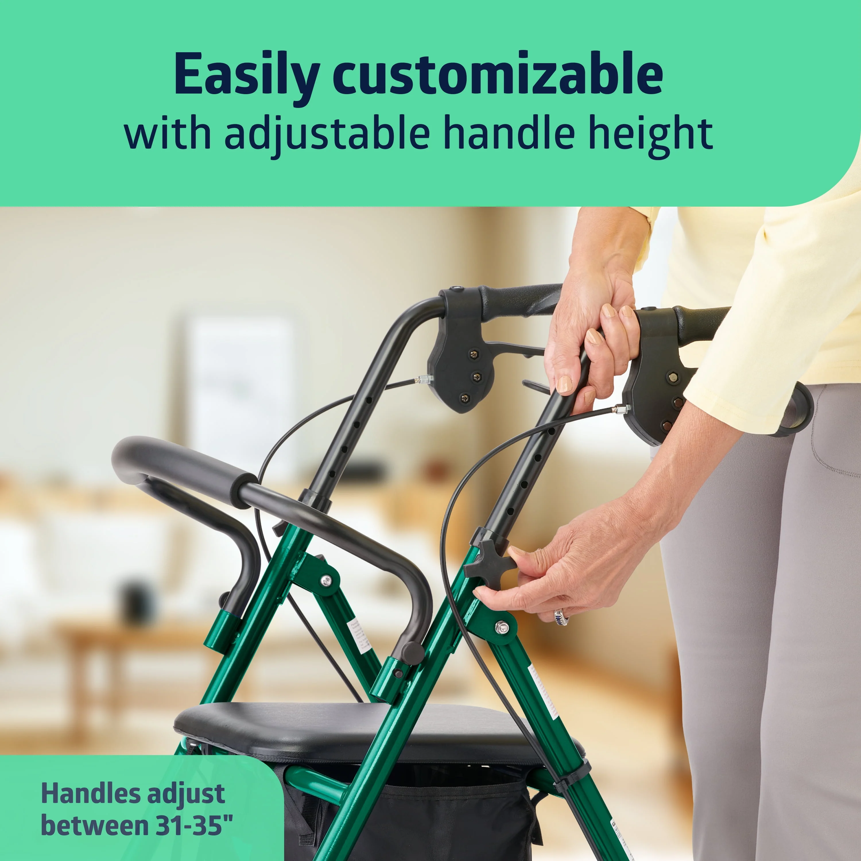 Medline Steel Rollator Walker for Adult, Green, 350 lb. Weight Capacity, 8” Wheels, Foldable, Adjustable Handles