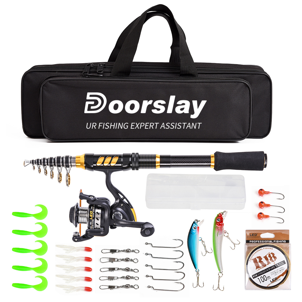 Doorslay Telescopic Fishing Rod and Reel Combo Full Kit Spinning Fishing Reel Gear Organizer Pole Set with 100M Fishing Line Lures Hooks Jig Head and