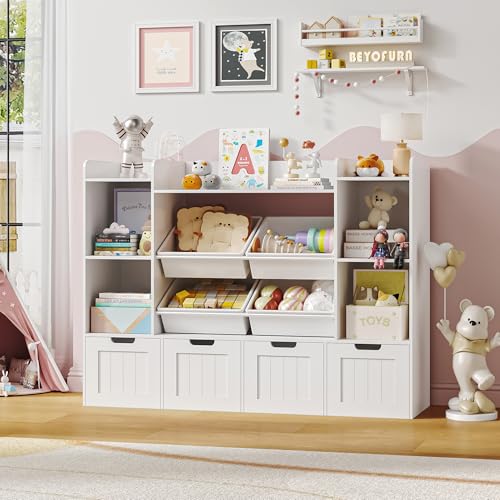 Toy Storage Organizer, Toy Organizer Kids Bookshelf with 4 Movable Drawers and 4 Box Bins, Playroom Organization and Storage for Kids Room