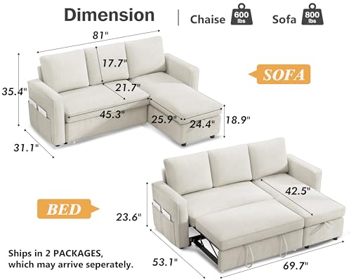 81" Sleeper Sofa Bed with Pull Out Bed, L Shaped Couch Sectional Sleeper Sofa, Pull Out Couch with Reversible Storage Chaise, Side Pockets