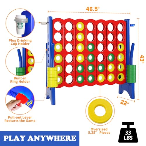 Oversized 4 in a Row Connect Game,Giant Carry Bag Included-4 ft WideX3.5 ft Tall,4-to-Score Jumbo with 44 Pieces Rings&Cup Holder