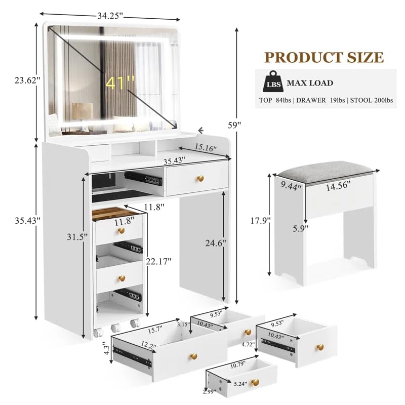 Vanity Desk with Mirror and Lights, Makeup Vanity Table with Drawers, Storage Stool