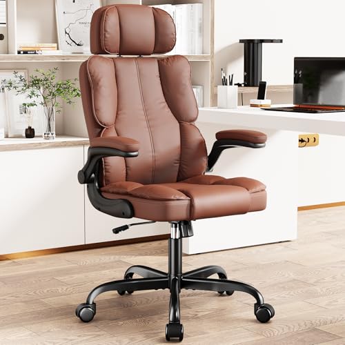 Executive Leather Office Chair, Computer Chair with Thick Cushion & Lumbar Support, Ergonomic Desk Chair with Adjustable Headrest & Armrests,Black