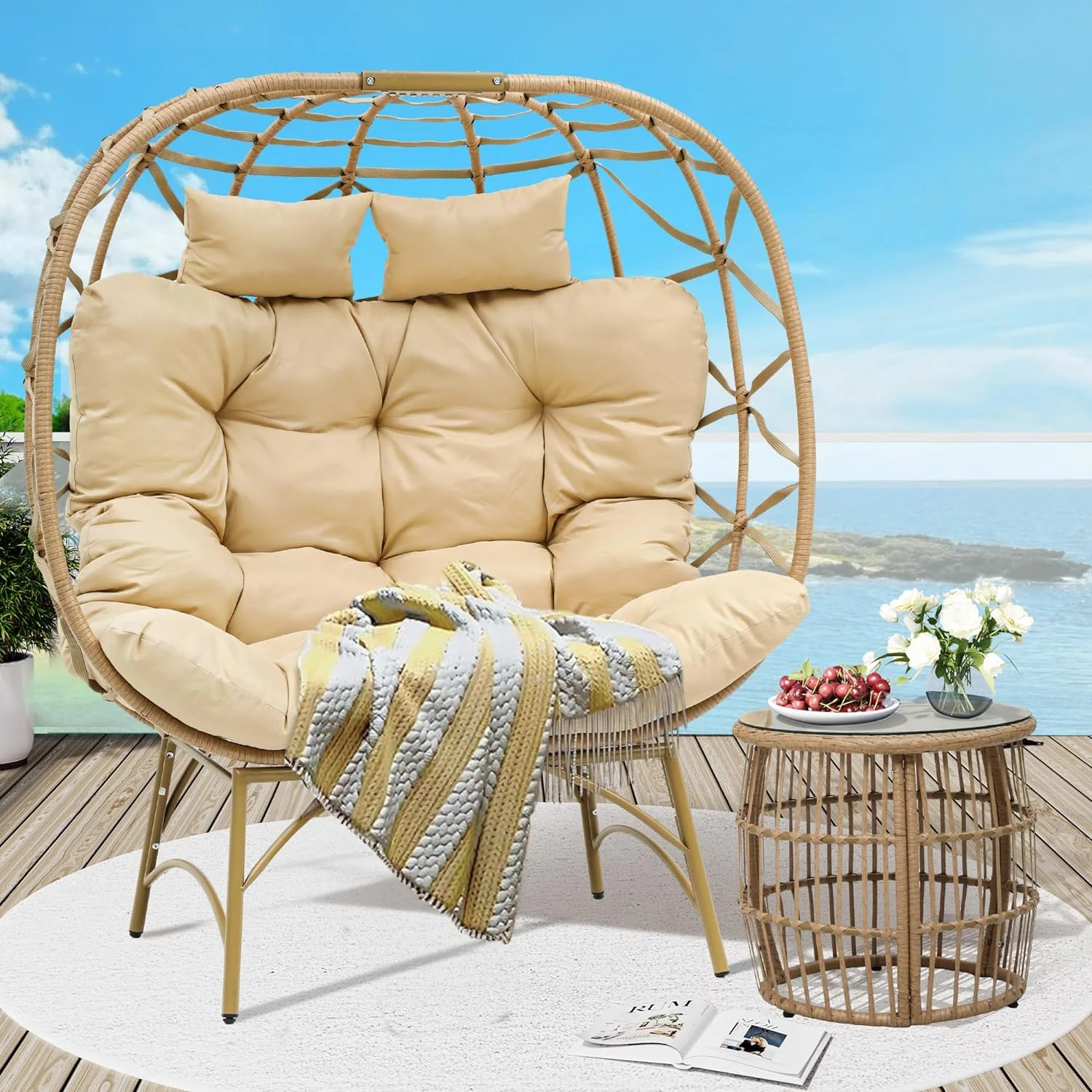 Dextrus Double Egg Chair with Legs 2 Person Wicker Egg Chair Indoor Outdoor Patio Egg Chair with Cushions 617lbs for Patio, Bedroom