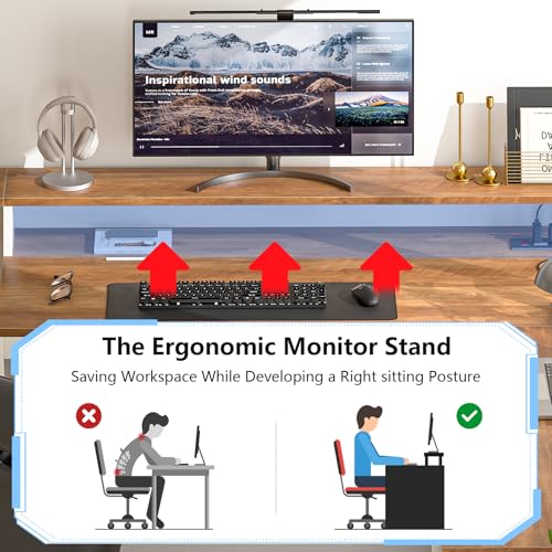 63" Farmhouse L Shaped Executive Desk with Drawers & Storage Shelf, Corner Computer Desk with Power Outlets, L Shaped Office Desk with Monitor Stand