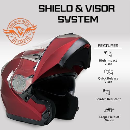 Milwaukee Helmets MPH9826DOT Ionized Flat Red Advanced Motorcycle Modular Helmet w/Drop Down Visor - Small