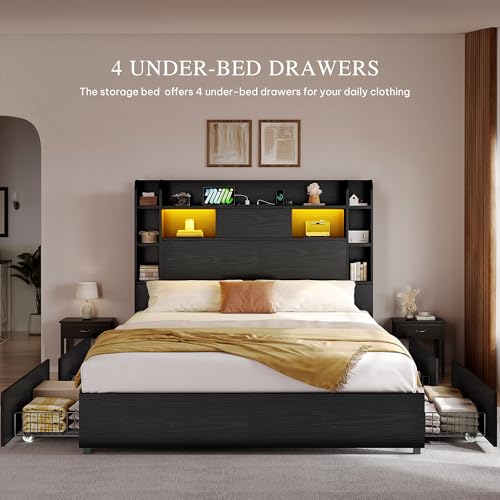 YITAHOME Queen Bed Frame with Bookcase Headboard and 4 Storage Drawers, RGB LED Bed Frame with Type-C & USB Charging Station Storage Headboard Bed