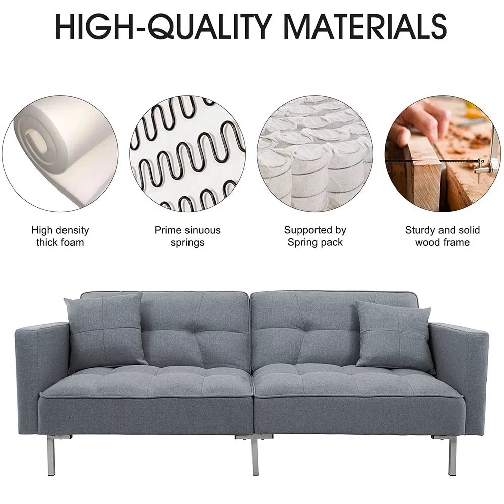 Gray Futon Sofa Bed, Convertible Folding Sofa Bed, Modern Upholstered Sleeper Sofa Bed with 2 Pillows and Metal Legs