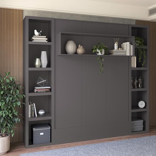 Oakland Living Easy-Lift Queen Murphy Wall Bed in Brown Wood Grain with Two Bookshelves