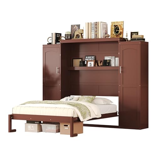 Harper & Bright Designs Full Size Murphy Bed, Wood Full Wall Bed with Two Closets and Storage Shelf
