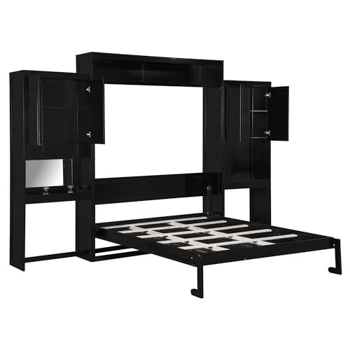 SOFTSEA Queen Size Murphy Bed with Desk and Storage, Wood Queen Wall Bed Frame with Vanity & Shelves, Space-Saving for Guest Room, Bedroom or Office