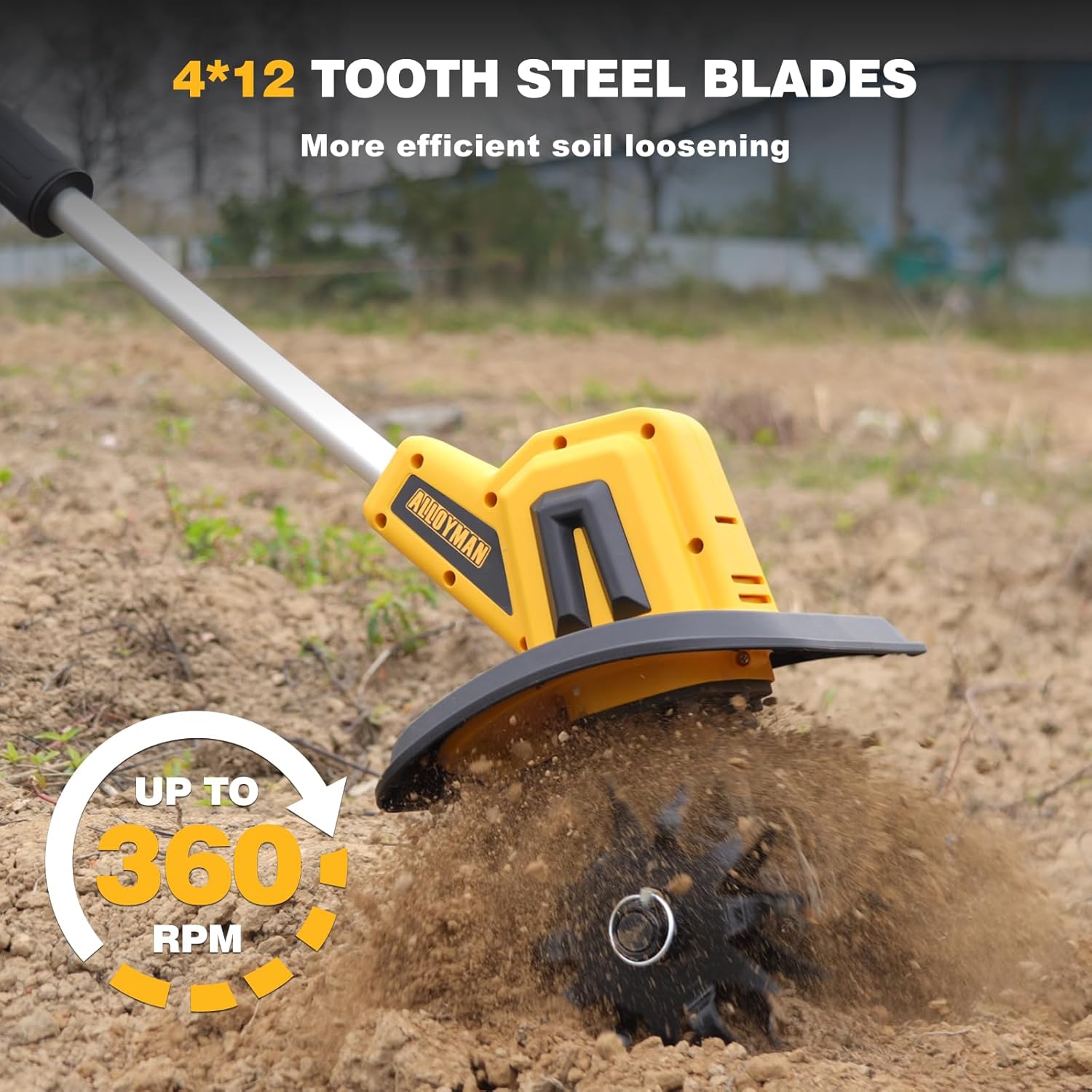 Alloyman 20V Cordless Tiller Cultivator,360RPM Electric Garden Tiller, with 2 * 2.0Ah Batteries & Charger,9In Tilling Width