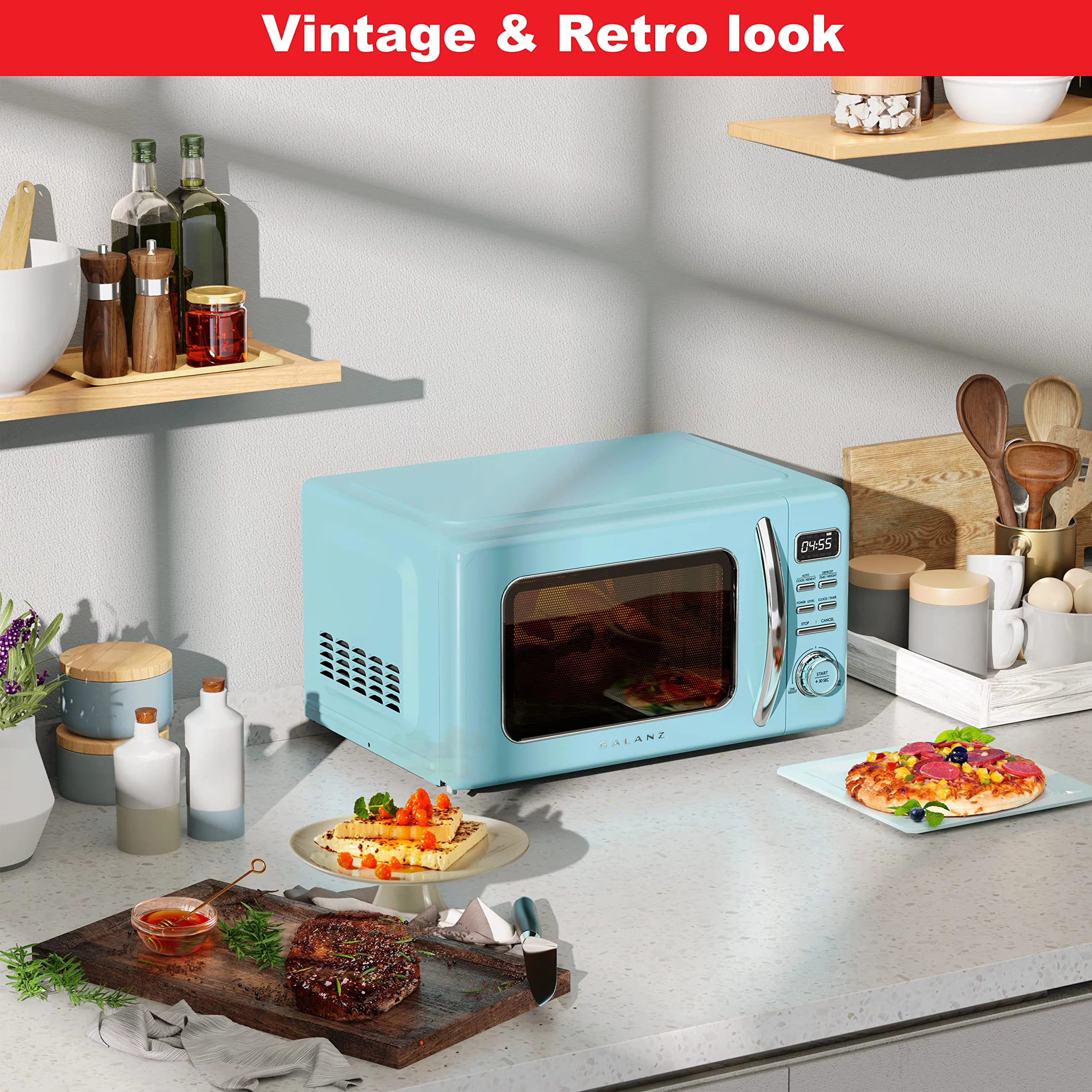 Galanz GLCMKZ09BER09 Retro Countertop Microwave Oven with Auto Cook & Reheat, Defrost, Quick Start Functions, Easy Clean with Glass Turntable