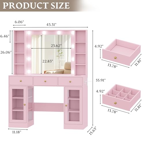 Makeup Vanity Desk with Mirror and Lights, White Vanity with Glass Top, LED Lights & Power Outlet, 3 Drawers & 2 RGB Glass Cabinets