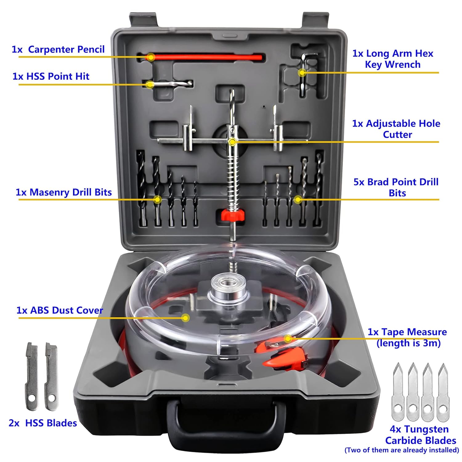 Adjustable Hole Saw Cutter Kit 1-5/8" to 8" (40-200mm) Twin Blade Hole Saw with ABS Dust Shield for Making recessed Lights