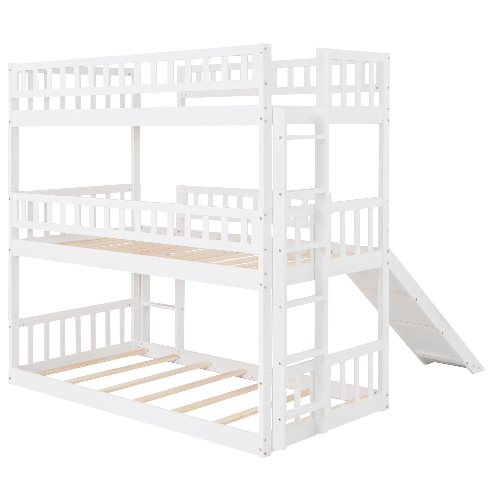 Bellemave Triple Bunk Bed with Slide, Wood Twin Over Twin Over Twin 3 Bunk Bed with Built-In Ladder and Guardrails, Triple Bed for Kids, Teens, Boys