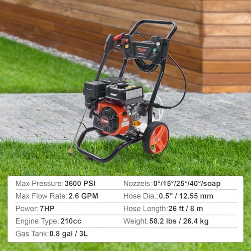 VEVOR Gas Powered Pressure Washer 3400 PSI 2.6 GPM, with Spray Gun and Extension Wand, 5 Quick Connect Nozzles, Copper Pump