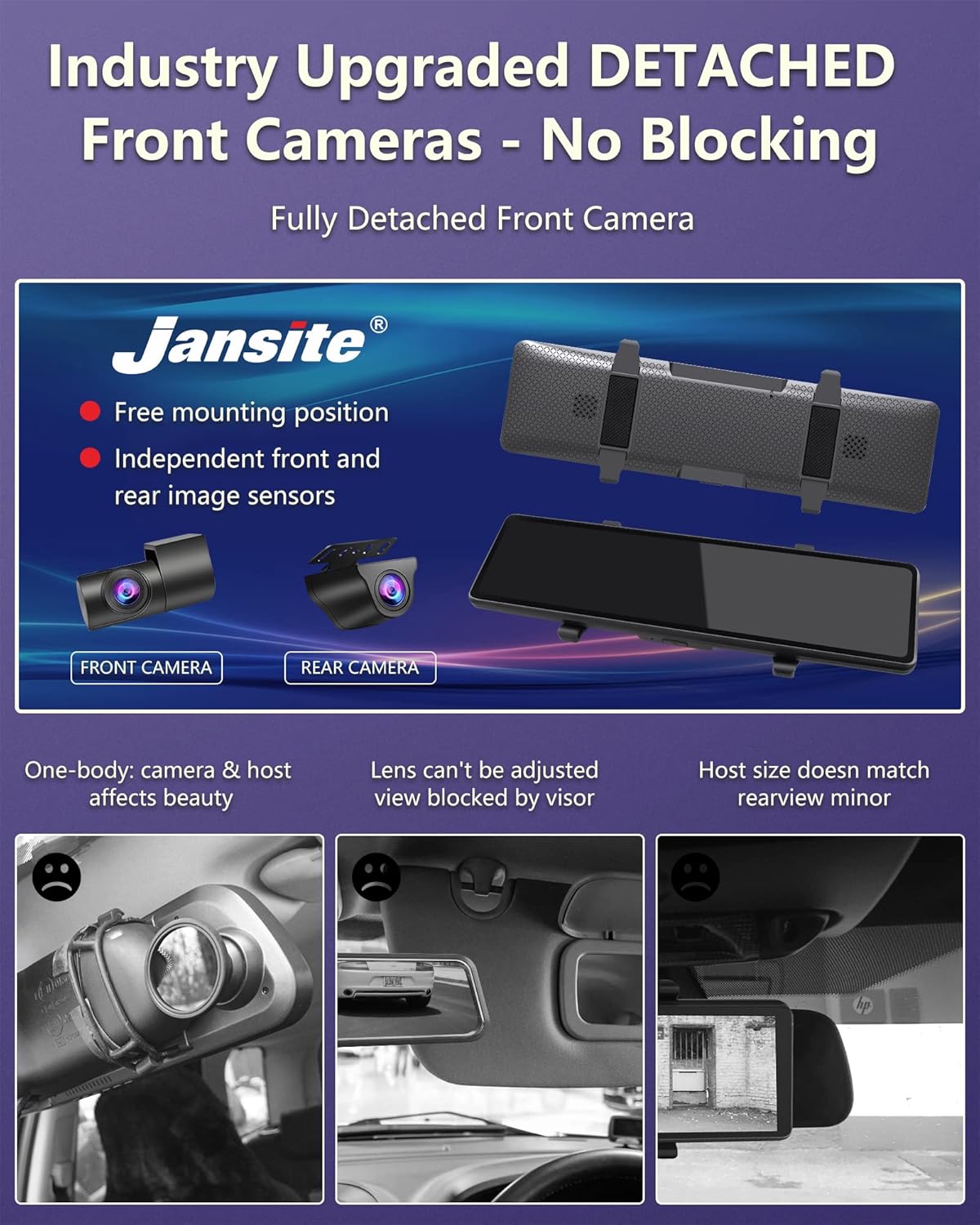 【Newest Detached】 Mirror Dash Cam with Detached Front Camera 11" Rear View Mirror Camera Front and Rear FHD 1080P Waterproof Backup Camera Full Touch