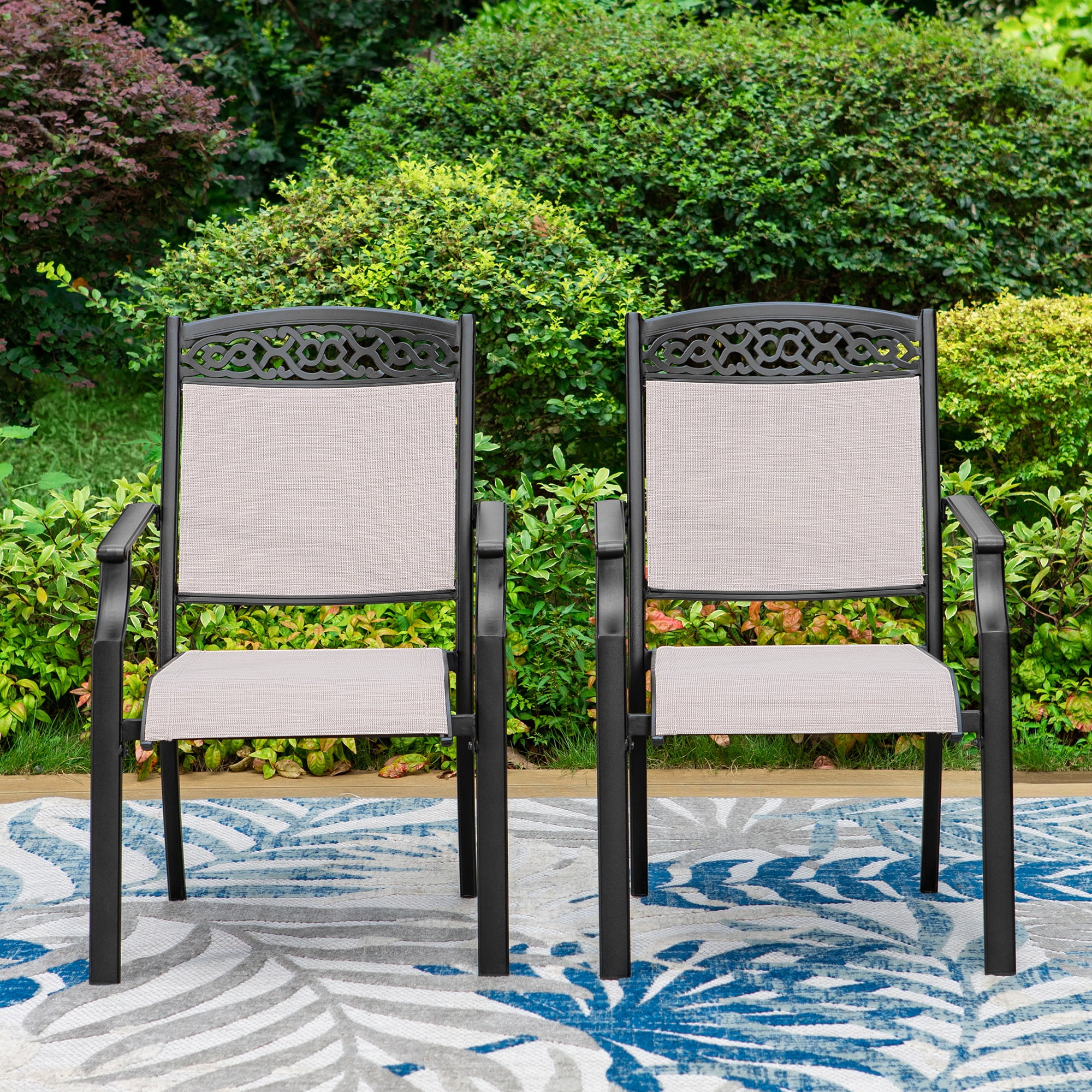 MF Studio 5-Piece Outdoor Patio Dining Set with 4 Pieces Cast Aluminum Stackable Armchairs and 1 Piece Metal Steel Dining Table,Black&Beige
