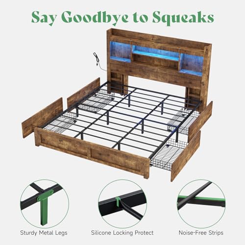 AMERLIFE Queen Bed Frame with 4 Storage Drawers, LED Platform Bed with 49" Bookcase Headboard