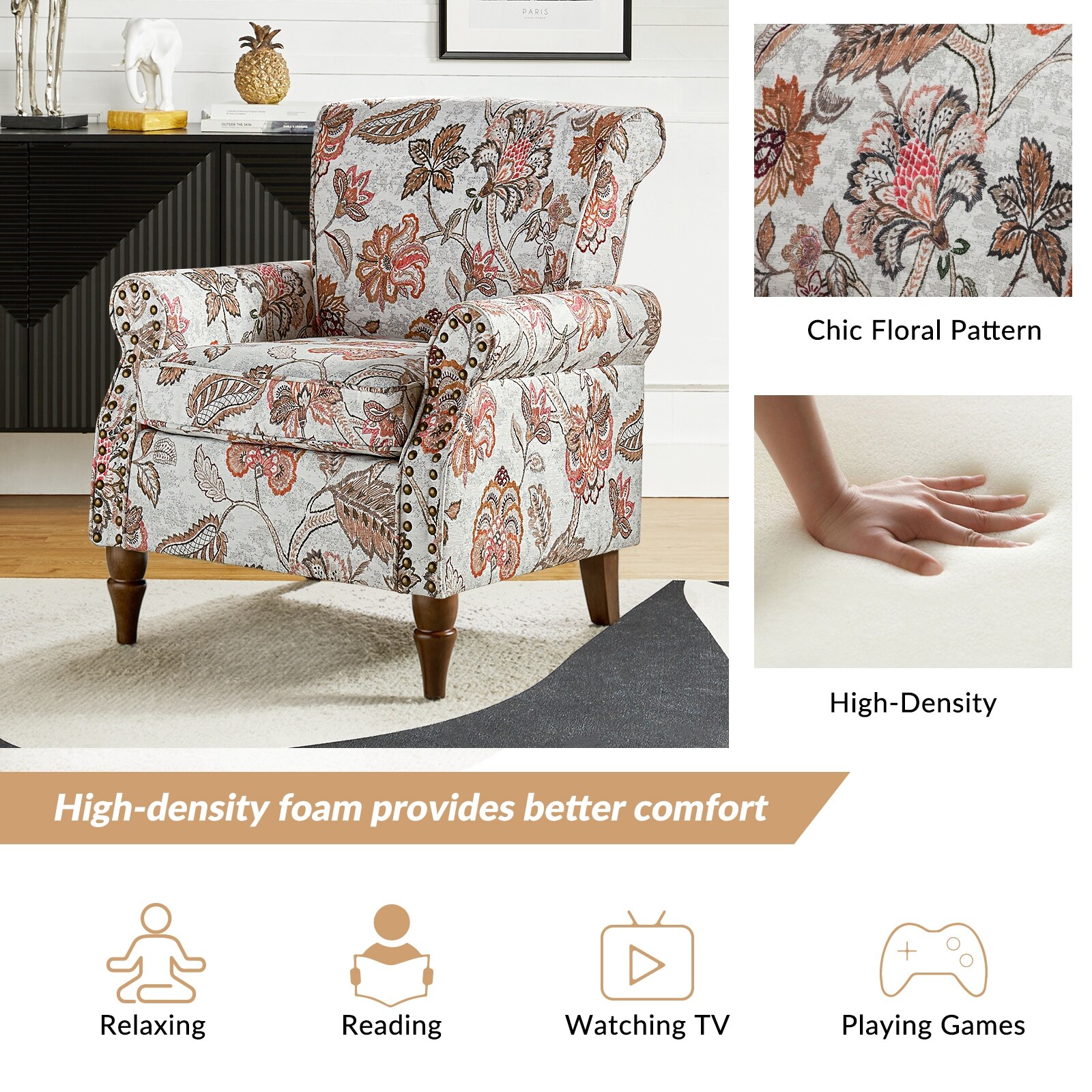 HULALA HOME Nyctelius Traditional Accent Armchair with Rolled Arms and Nailhead Trim by  PINK Floral