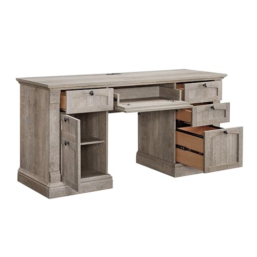 OKD 60" Executive Desk with Drawers, Farmhouse Home Office Desk with Charging Station, Keyboard Tray, File Cabinet Storage
