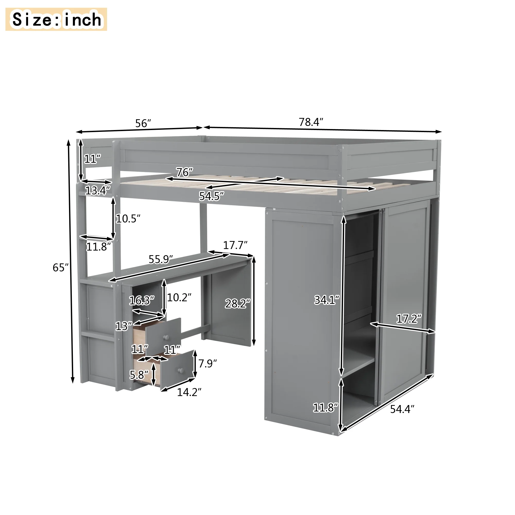 EUROCO Wood Full Size Loft Bed, Storage Desk and Drawers, Wardrobe with Clothes Hanger and Sliding Door for Living Room, Gray - Radiant Selections