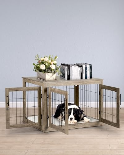 Dog Crate Furniture, 32 inch Medium Dog Crates with Bed Mat, Wooden Dog Kennel Furniture, End Side Table Dog Cage with 3 Doors, Greige
