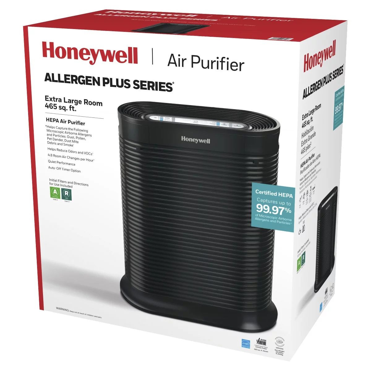 Honeywell Air Purifier, HPA300, 465 sq ft, HEPA Filter, Allergen, Smoke, Pollen, Dust Reducer
