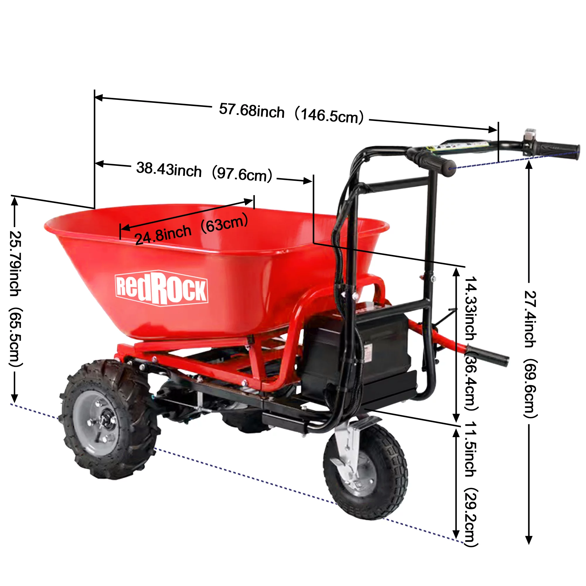 THINK 30,Wheelbarrow Utility Cart Electric Powered Cart 48V28Ah, 500W, Capacity 500lbs (230kg), 1000lbs Towing, Material Debris Hauler