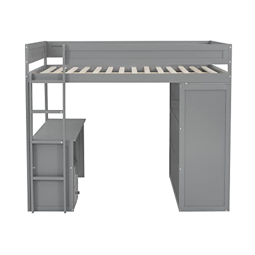 Full Size Loft Bed with L-Shaped Desk, Wardrobe and Storage Shelves, Solid Wood Bedframe w/Safety Guardrails & Ladder for Kids Teens Adults