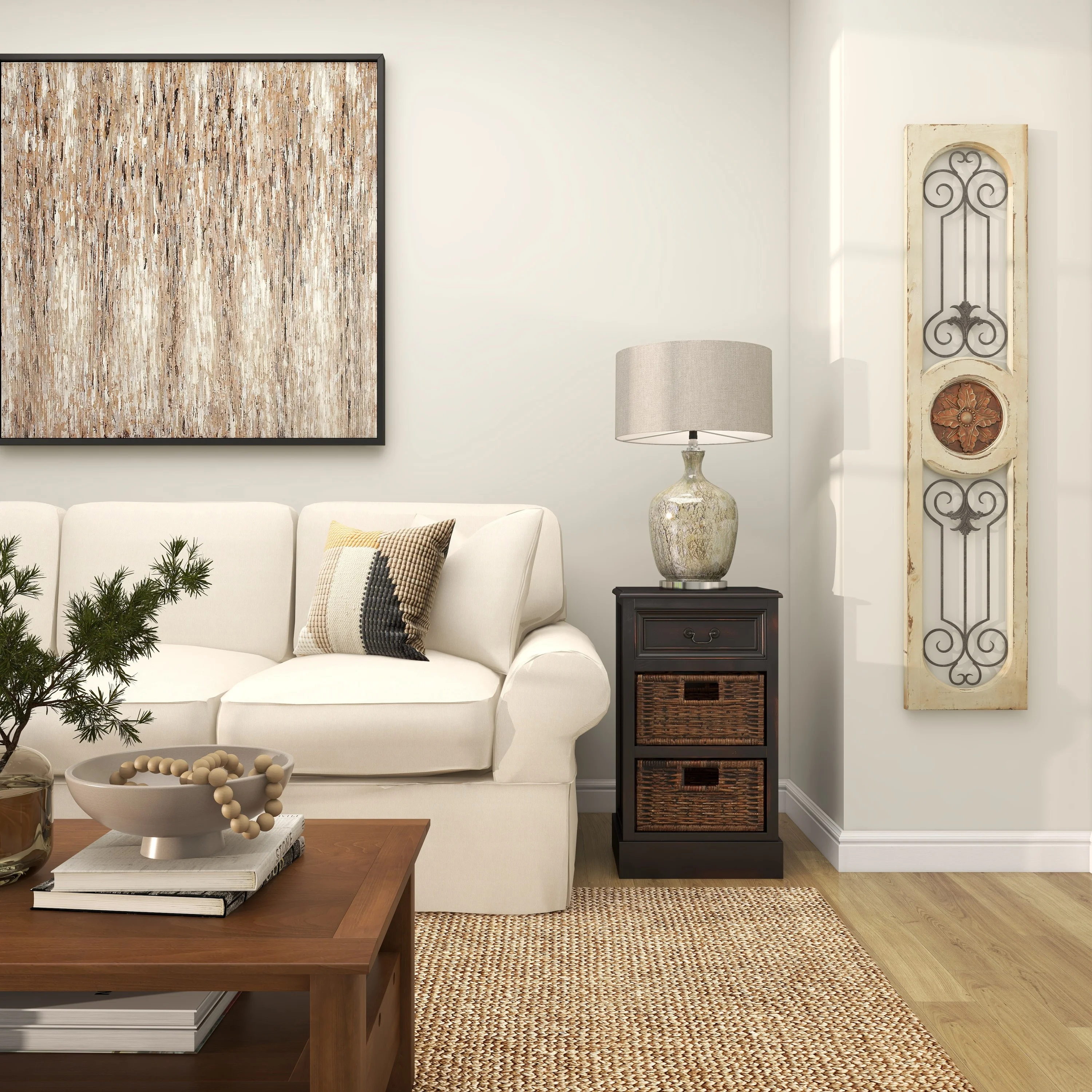DecMode White Wood Distressed Door Inspired Ornamental Scroll Wall Decor with Metal Wire Details