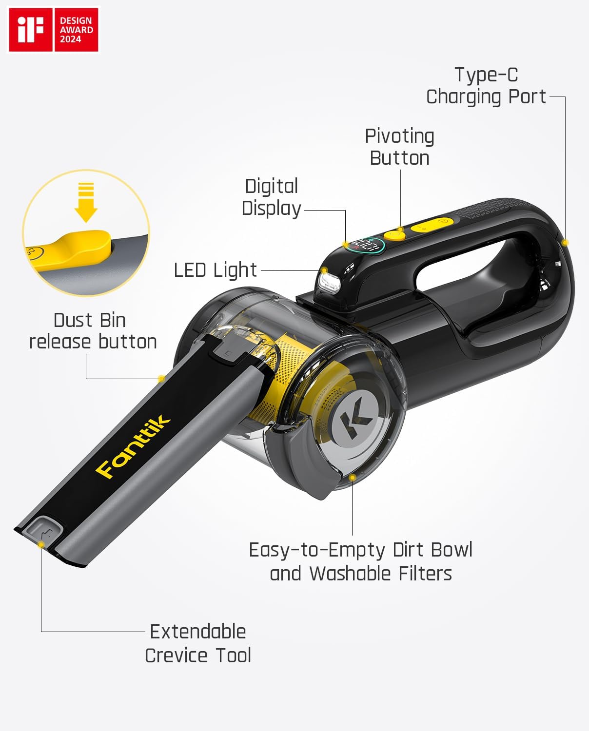 Fanttik Fold V10 Apex Pivot Car Vacuum, 17000Pa/50AW High Power Cordless Hand Vac, 2.5H Fast Charge, 16.9 oz Dustbin, LED Light, DynamicClean&trade